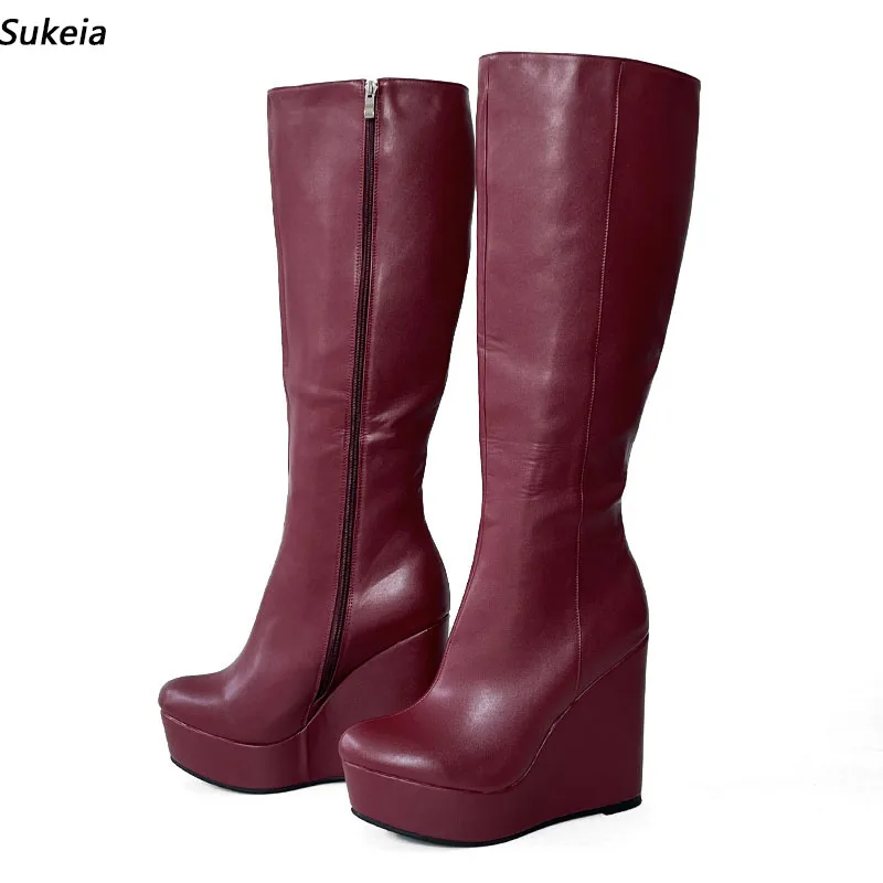 

Sukeia Женские зимние сапоги ручной работы на танкетке с круглым носком, великолепные клубные туфли винно-красного цвета, женские размеры США, большие размеры 5-20