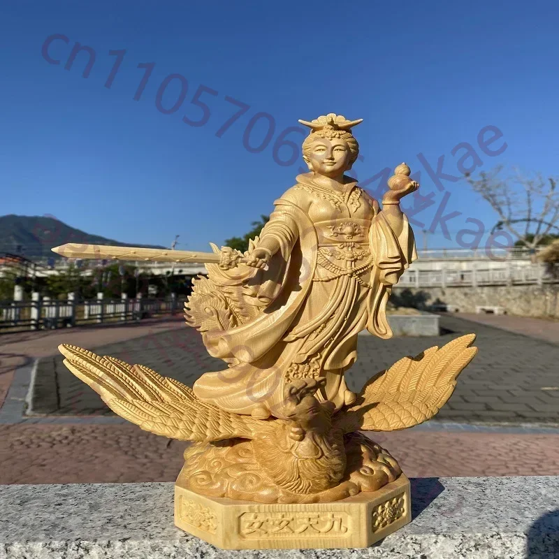 Hand Carved Juniper Wood Jiu Tian Xuan Nu Statue - Nine Heavens Goddess Phoenix Riding Figurine Ornament for Home Temple Altar