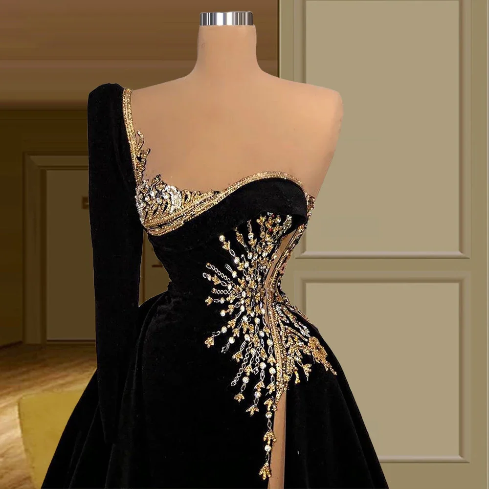 Black velvet sexy high slit crystal decoration detachable one shoulder long sleeved formal occasion mop floor evening dress