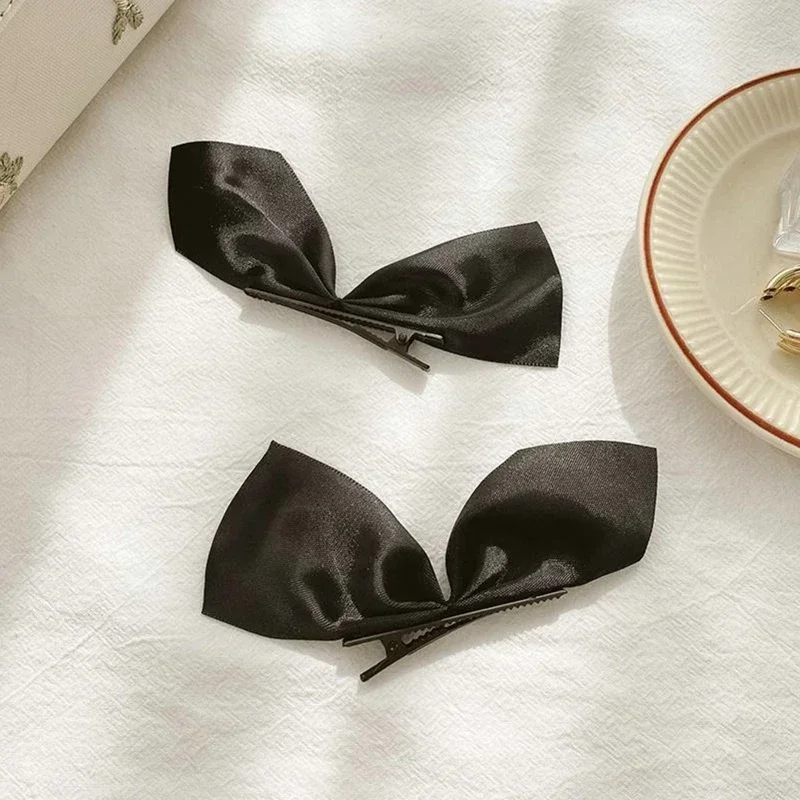 Girl\'s Black Half Piece Satin Bow Hair Clip  Half Piece Edge Clip Side Small Clip Headdress Hair Accessory Butterfly  Hair Bow