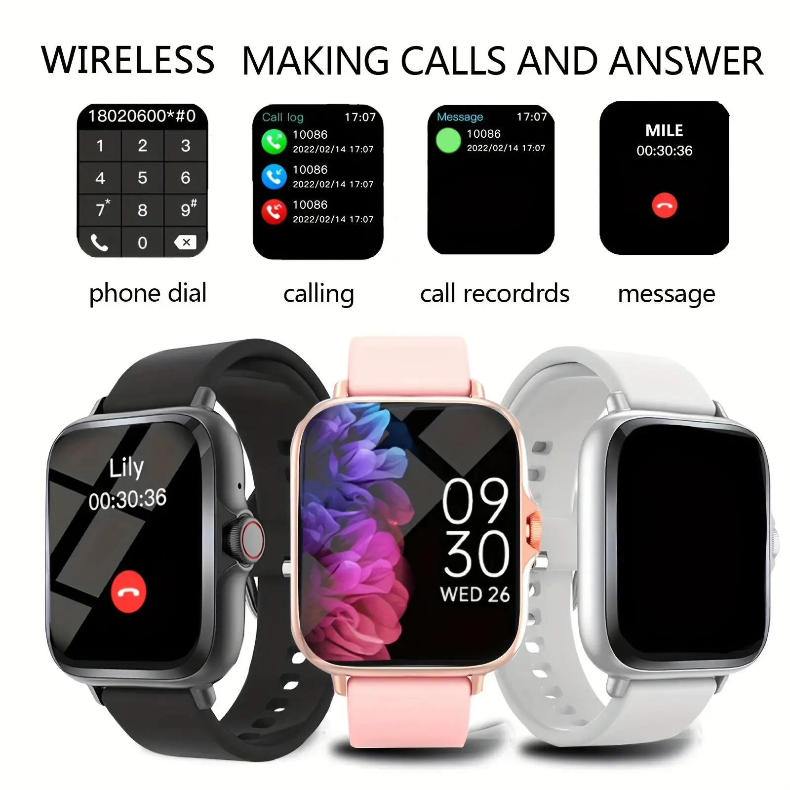 Unisex Wireless Answer Phone, Sports Smart Watch, Message Reminder Function, Music Control Smart Sports Watch, Compatible with A