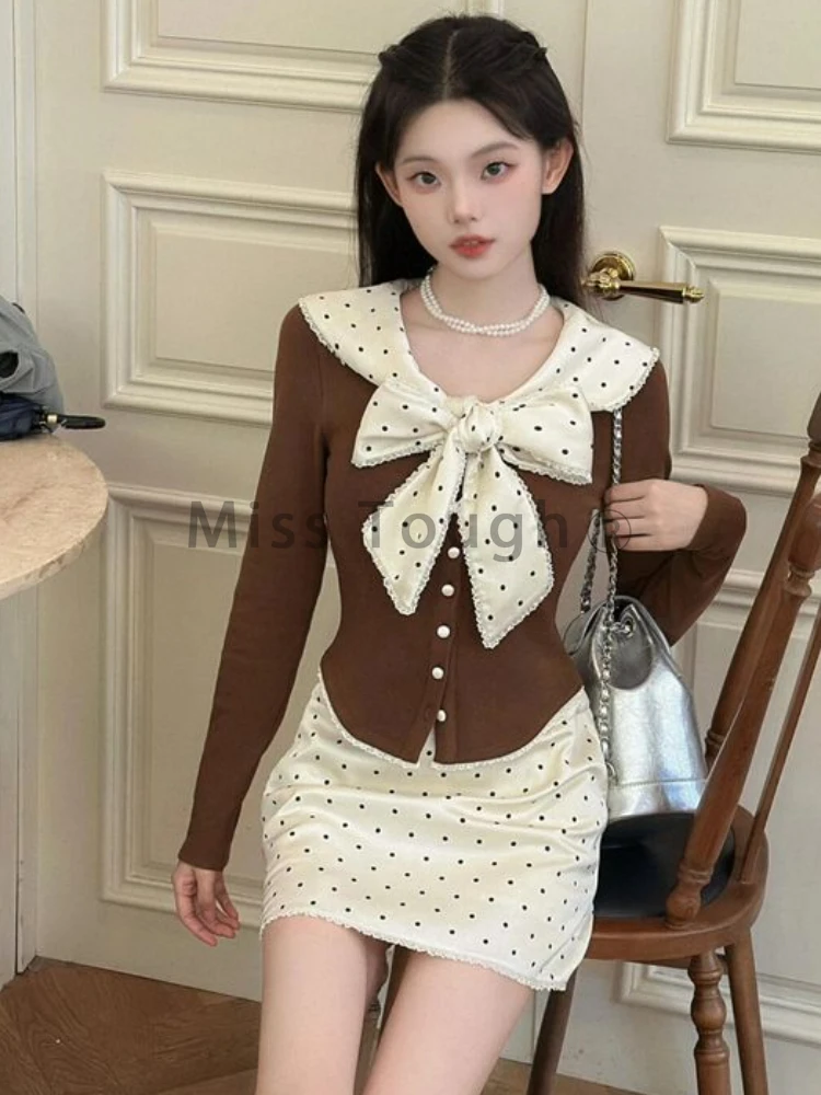 Korean Fashion Skinny Bow 2-piece Set Women Design Chic Slim V Neck Long Sleeve Patchwork Tops + Thin High Waist Skirt Suit New