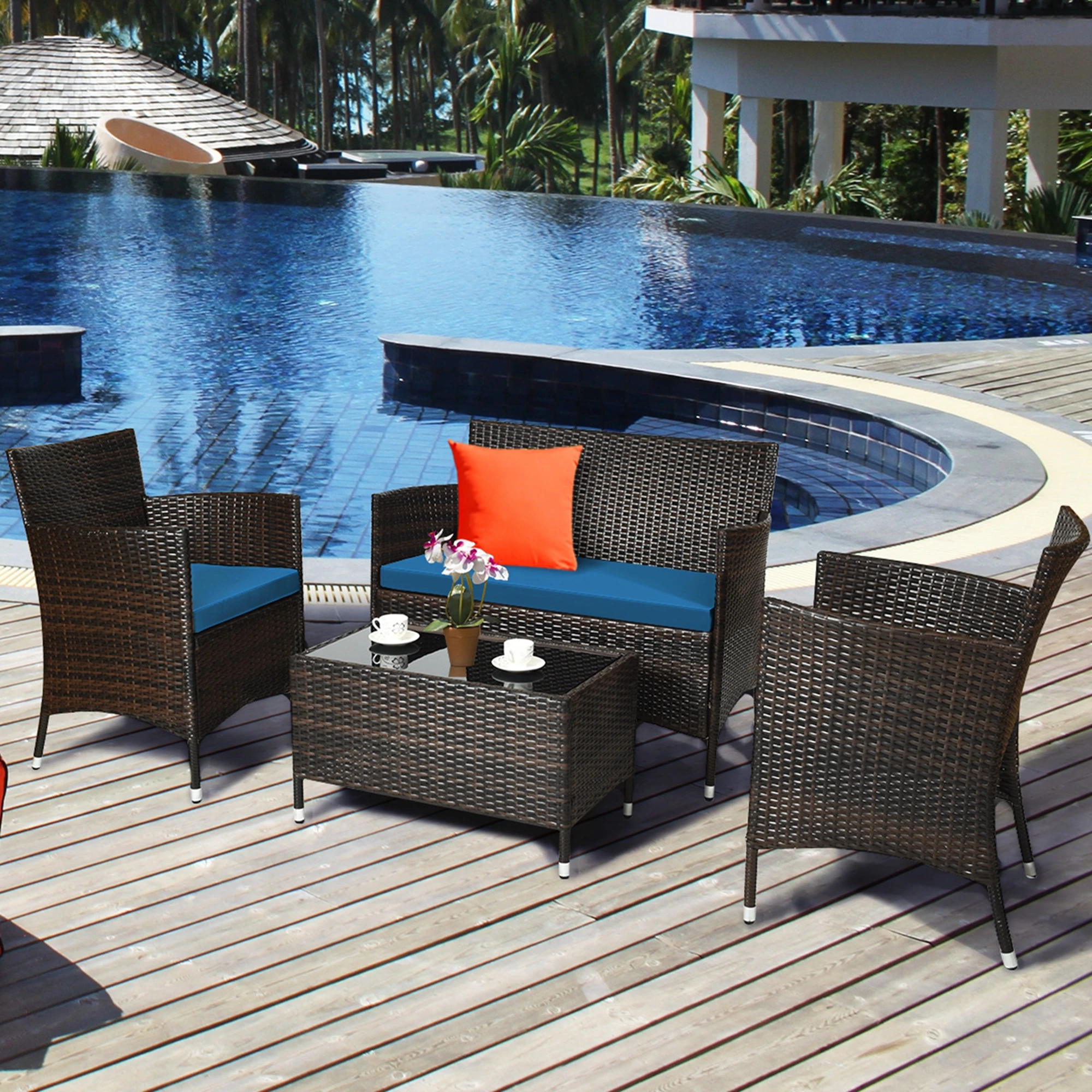 8PCS Rattan Patio Furniture Set Cushioned Sofa Chair Coffee Table Peacock Blue