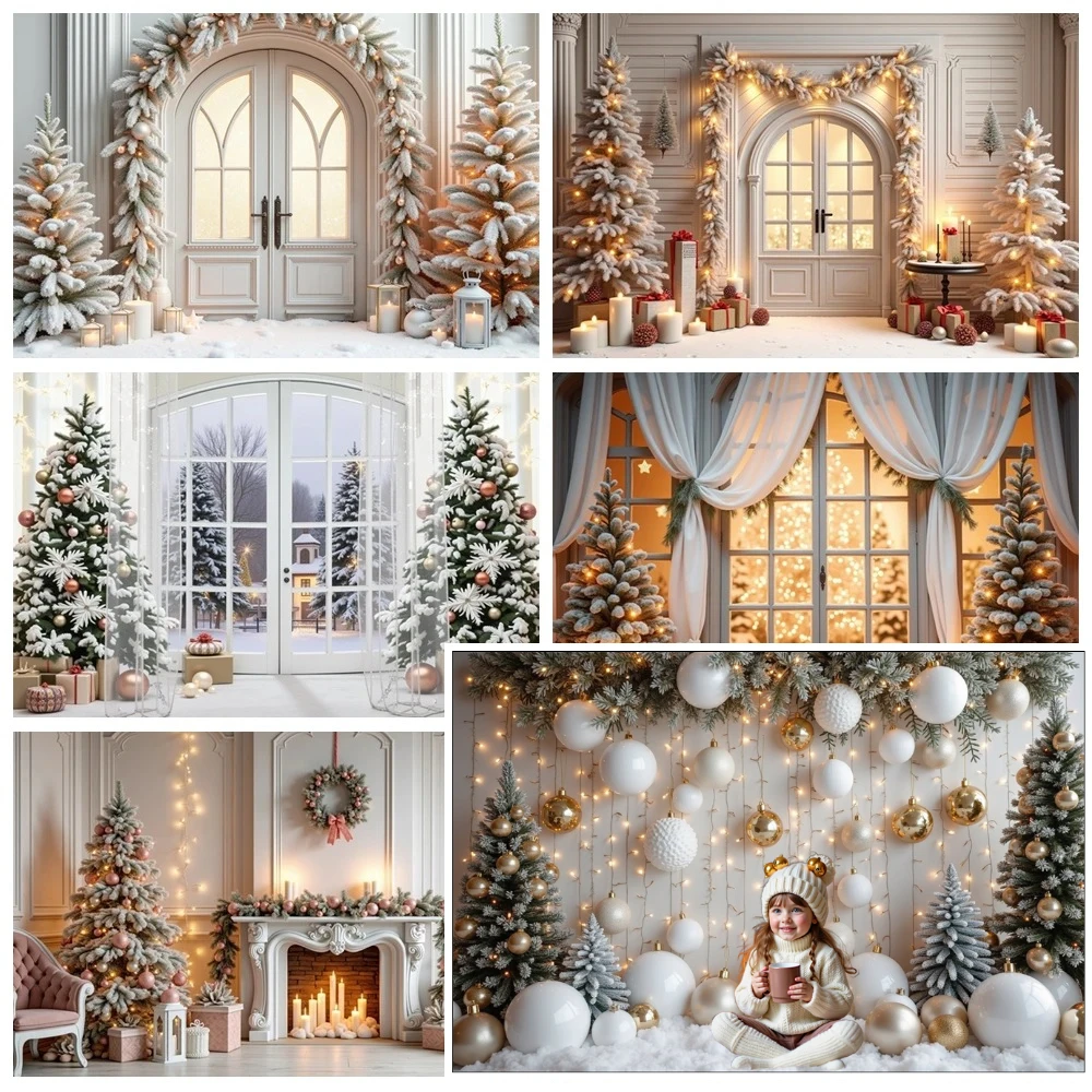 

MOON.QG White Christmas Photography Backdrop Pine Trees Arch Window Door Curtain Decor New Year Background Studio Accessories