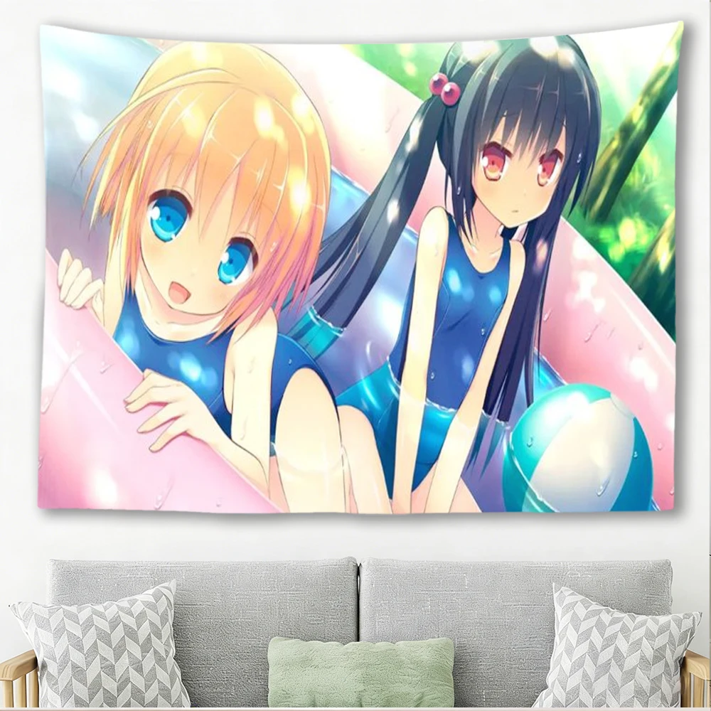 Cute Anime Two Girls Swimsuit SummerTapestry Wall Hanging Water Park Scenery Wall  For Bedroom Dorm Living Room