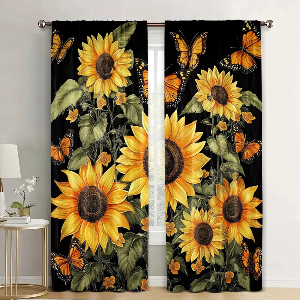 

2pc, Curtains Fairy Retro Sunflower Machine Washable Polyester,Without Electricity Festive Wall Decor Perfect for All Occasions