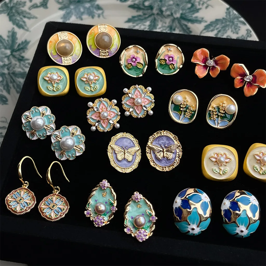 French Oil Painting Enamel Retro 14K Gold Plated Unique Design Flowers Garden Stud Earrings For Women Bohemia Fashion Jewelry