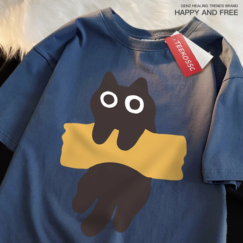 Fun Adhesive Tape Cat Print Japanese Style Short Sleeve Men Women Cotton Oversized T-Shirts Oversized O-Neck New Tops Tees image 4
