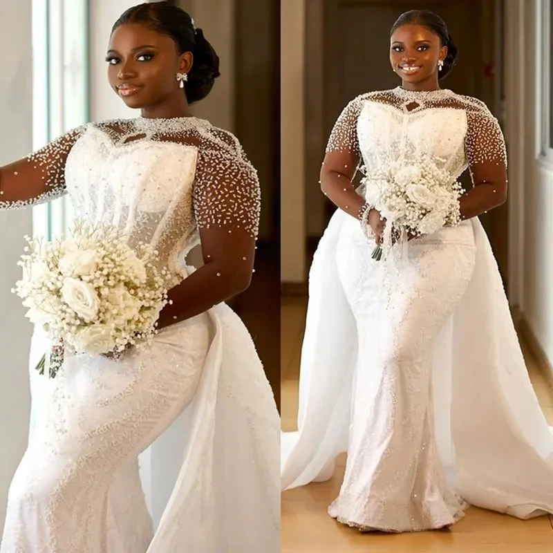 Robe de mariée africaine personnalisée, grande taille, avec traîne détachable, Illusion de sirène, col transparent, dentelle perlée, longue
