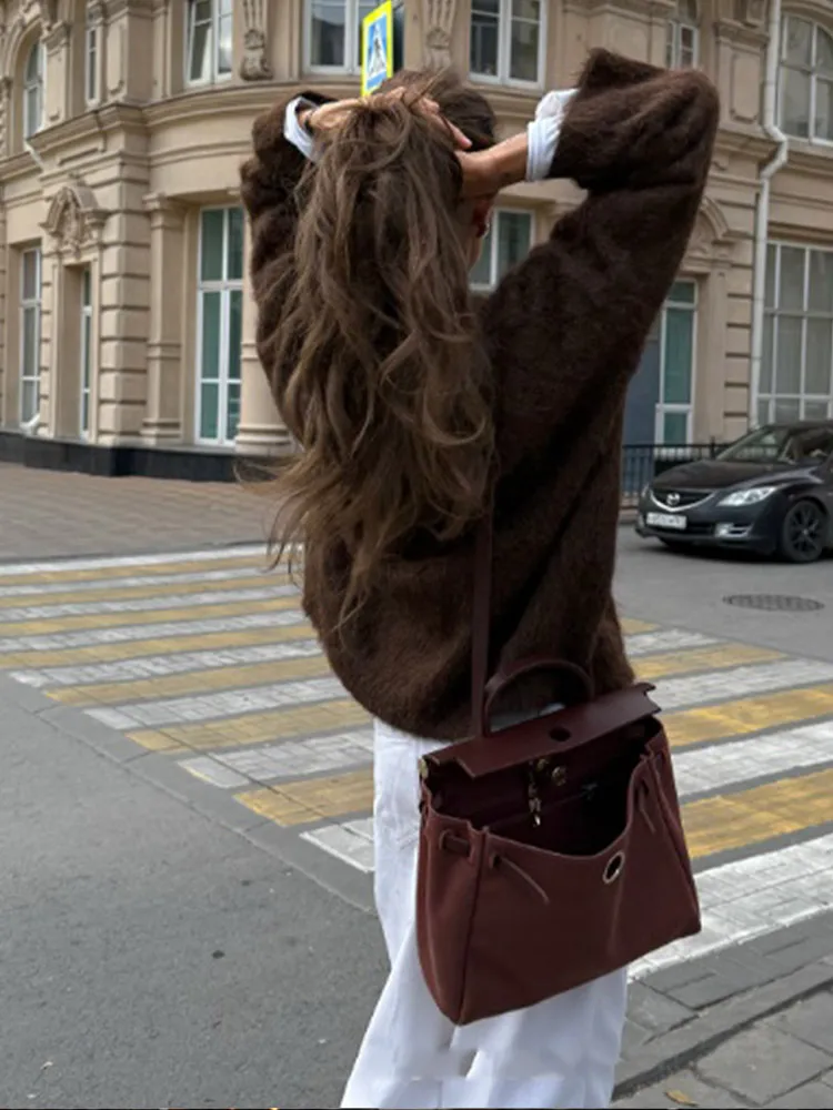 Women Casual Chocolate Color O Neck Mohair Pullover Fashion Long Sleeve Loose Knitted Sweater 2024 Lady Winter New Knitwear Top