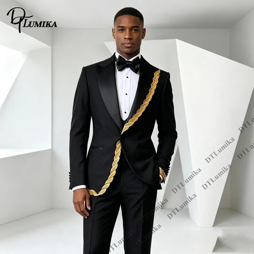 Men's Tuxedo Suit 2 Piece Black Gold Braid Embroidery Slim Fit Wedding Groom Prom Party Formal Blazer Pants Set Tailored Fitting