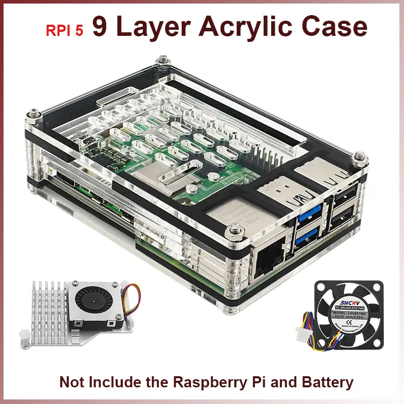 

Raspberry Pi 5 9-слойный акриловый корпус, защитный корпус, охлаждающий вентилятор, медные/алюминиевые коробки для радиаторов, радиатор для Raspberry Pi 5