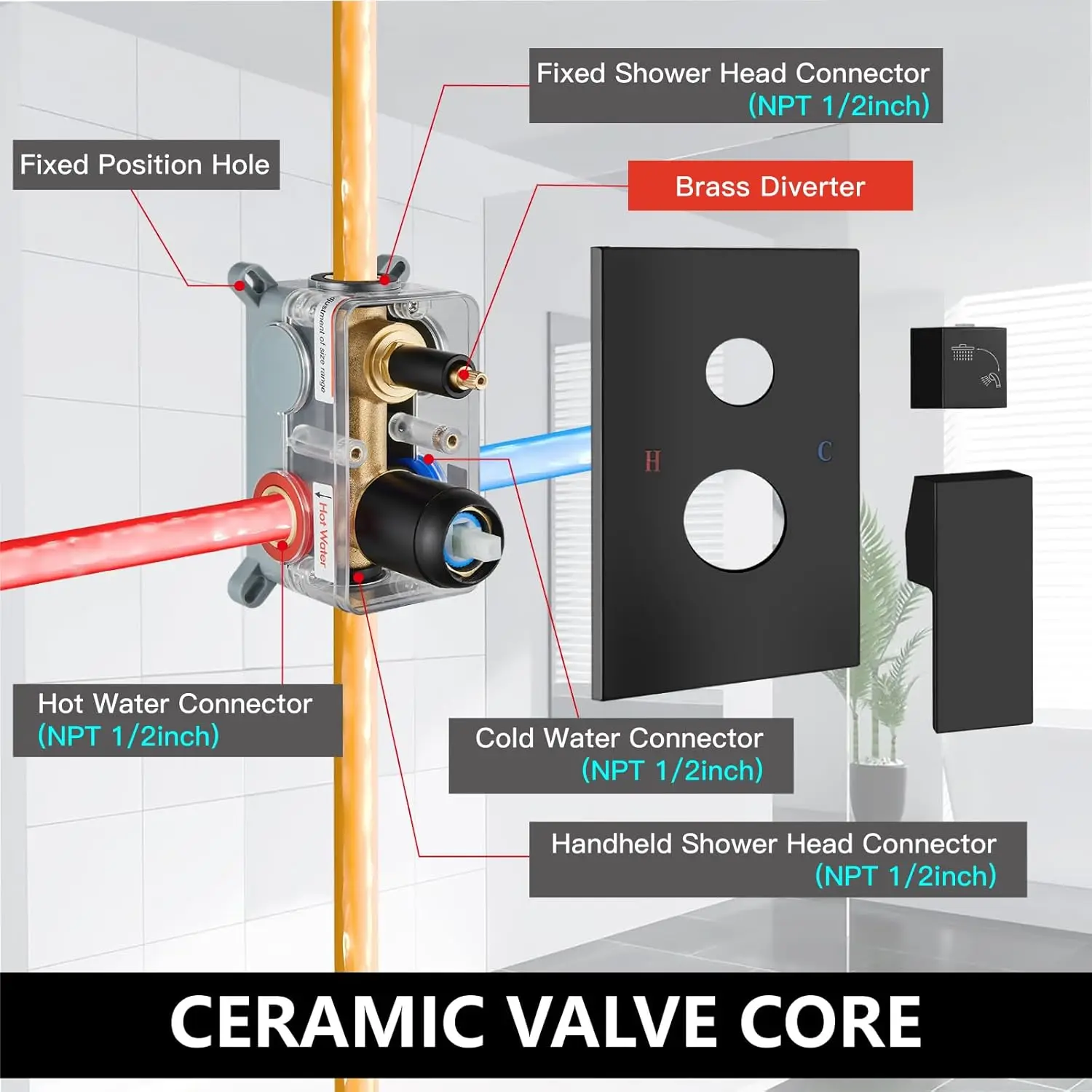 Matte Black Thermostatic Faucets Wall Mount Square Rain Shower Head & Hand Sprayer Set Trim Kit Rough-in Valve Body For Villas