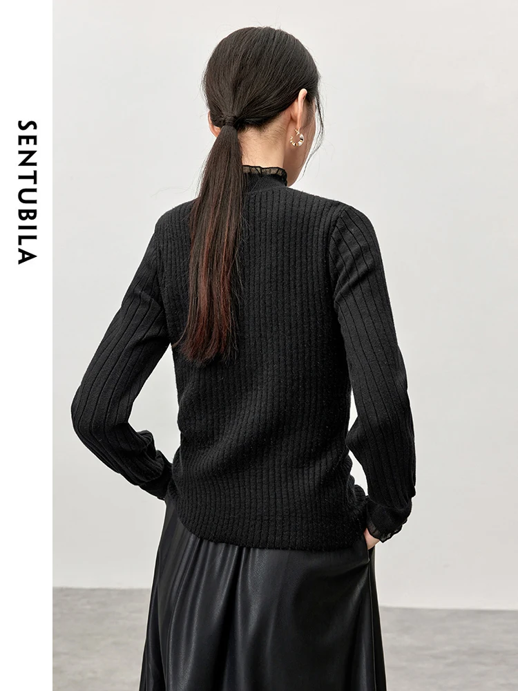 SENTUBILA Comfort Knitted Solid Pullovers for Women Autumn Winter Stright Patchwork Cuff Half High Collar Thick Tops W44E56588