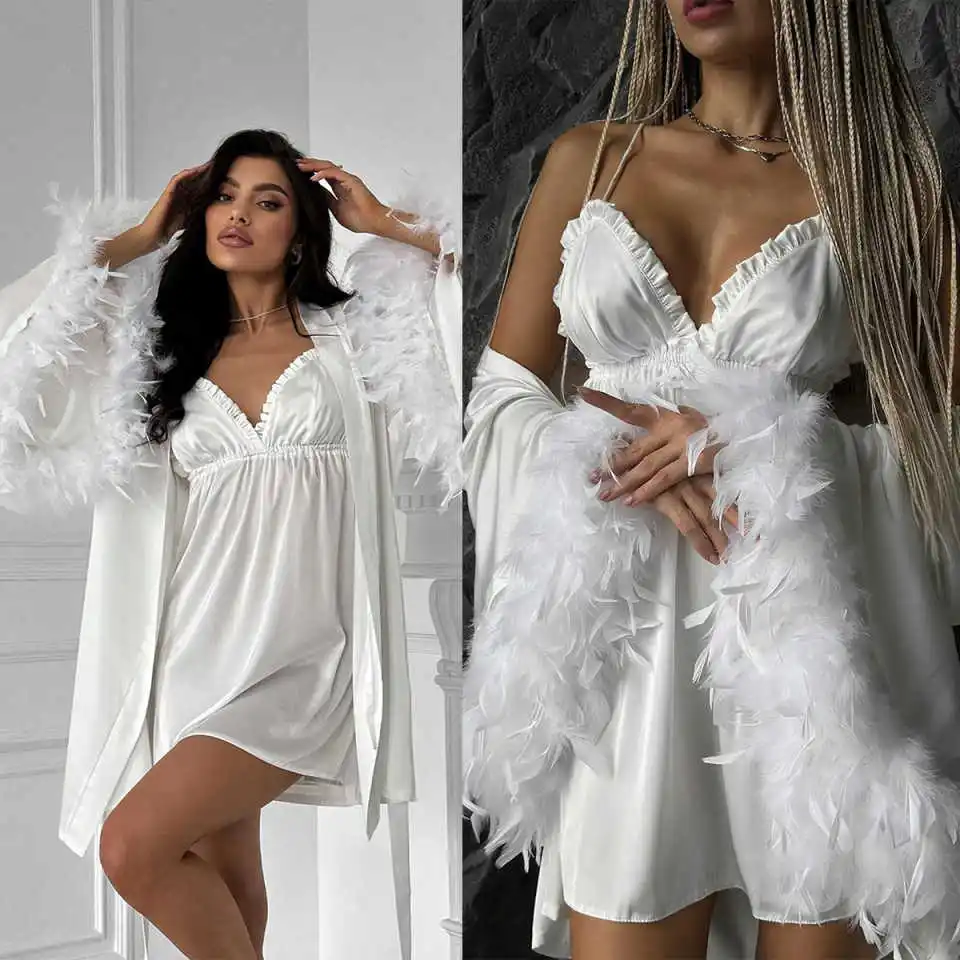 

Illusion Women’s Pajamas Satin Feathers Robes Bridesmaid Bride Robes Wedding Long Robe Bathrobe Plus Size Customized