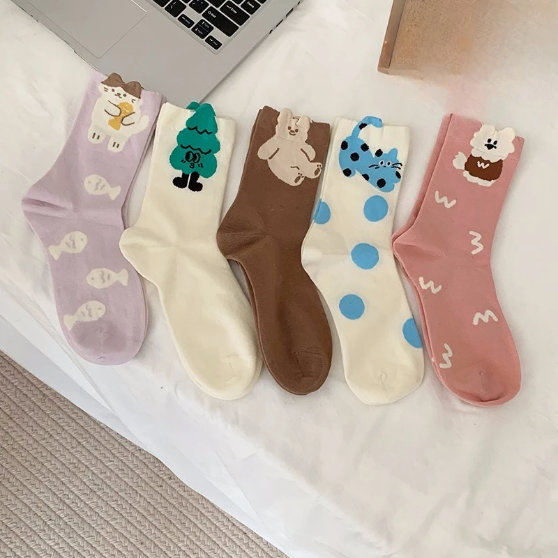 

10 пар милых весенне-летних трехмерных носков с героями мультфильмов, хлопковые носки с забавным котом и медведем, повседневные удобные женские носки