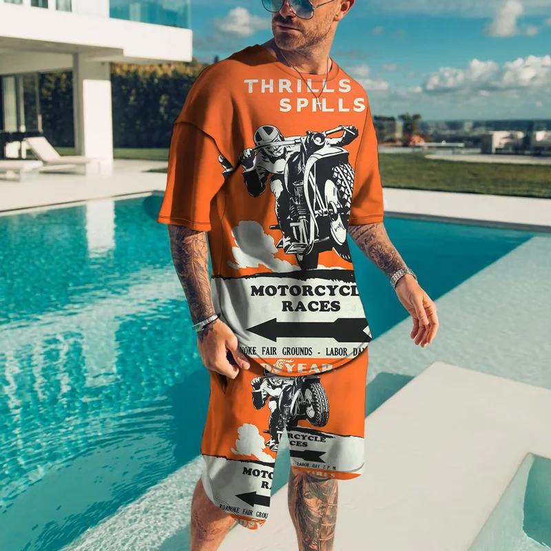 

2025 Summer New Trend American Retro Men's Clothing Locomotive Explosion American Letter Men's 3D Printing Short-sleeved T-shirt