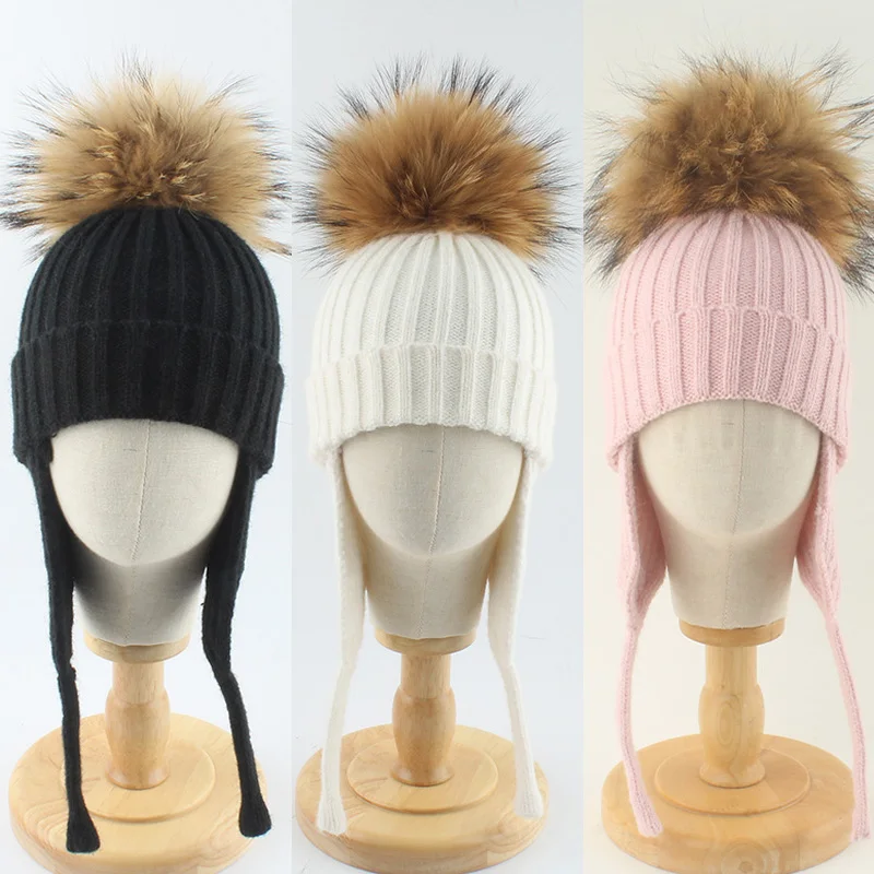 

Детская зимняя теплая шерстяная вязаная шапка с помпоном, шарик из натурального меха, детская шапка для девочек и мальчиков