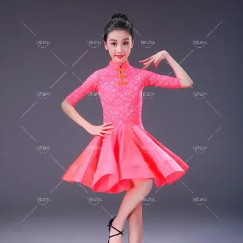 

Lace Kids Newest Sexy Ballroom Dresses Tango Salsa Latin Dance Dress Children Red Black Lace Dress for Girls Long Sleeve