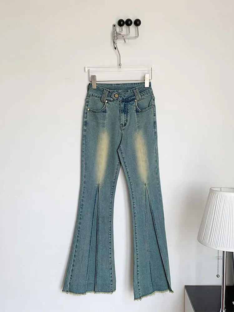 American Retro Flare Jeans Low Waist Basic Bell Bottoms Women Fashion Washed Blue Denim Trousers Split Hem Hiphop High Street