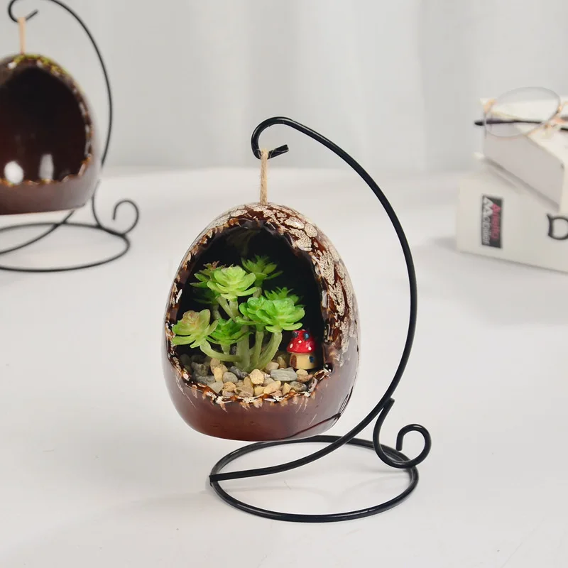 Hanging Basket Egg-shaped Succulent Flower Pot Wrought Iron Hook Dinosaur Egg Ceramic Eggshell Crystal Lamp Base