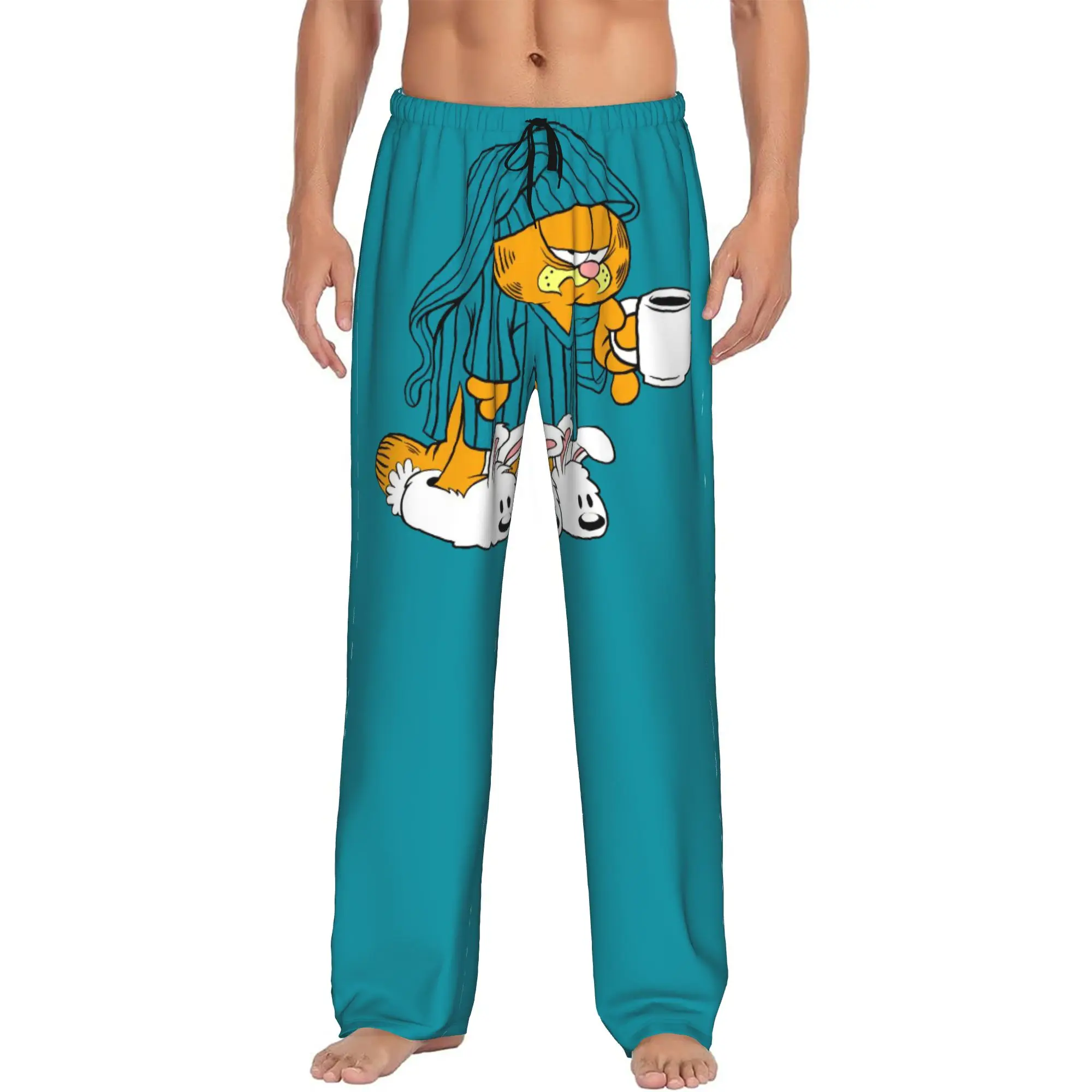 Мужские пижамные брюки Custom G-Garfields Tired для сна и отдыха, эластичные, с карманами.