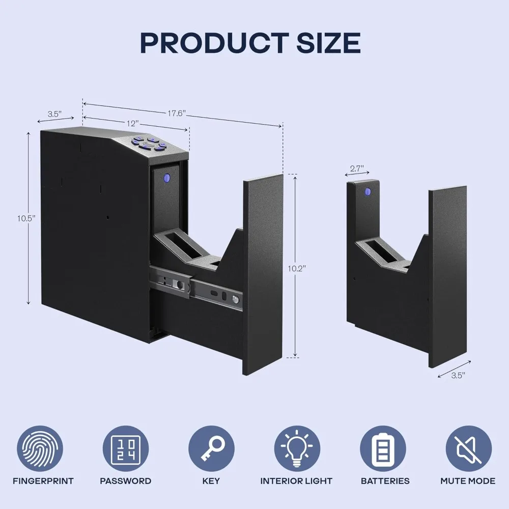 Gun Safe, Biometric Slider Bedside Pistol Safe, Auto Sliding Door Hand Gun Safe for Pistol with 3 Quick Fingerprints, PIN Code,