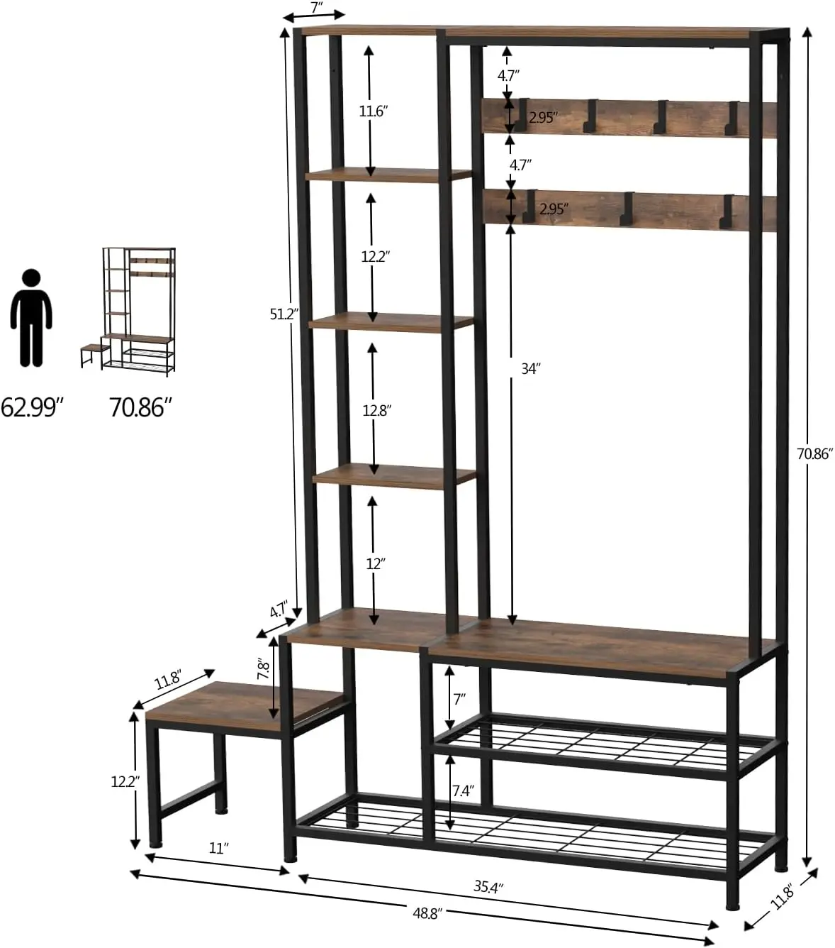 Brown 5-in-1 Entryway Hall Tree with Shoe Storage Bench, Coat Rack Featuring 7 Hooks & 4-Tier Side Shelves, Multifunctional Organizer for Hallway Mudroom Bedroom view 2