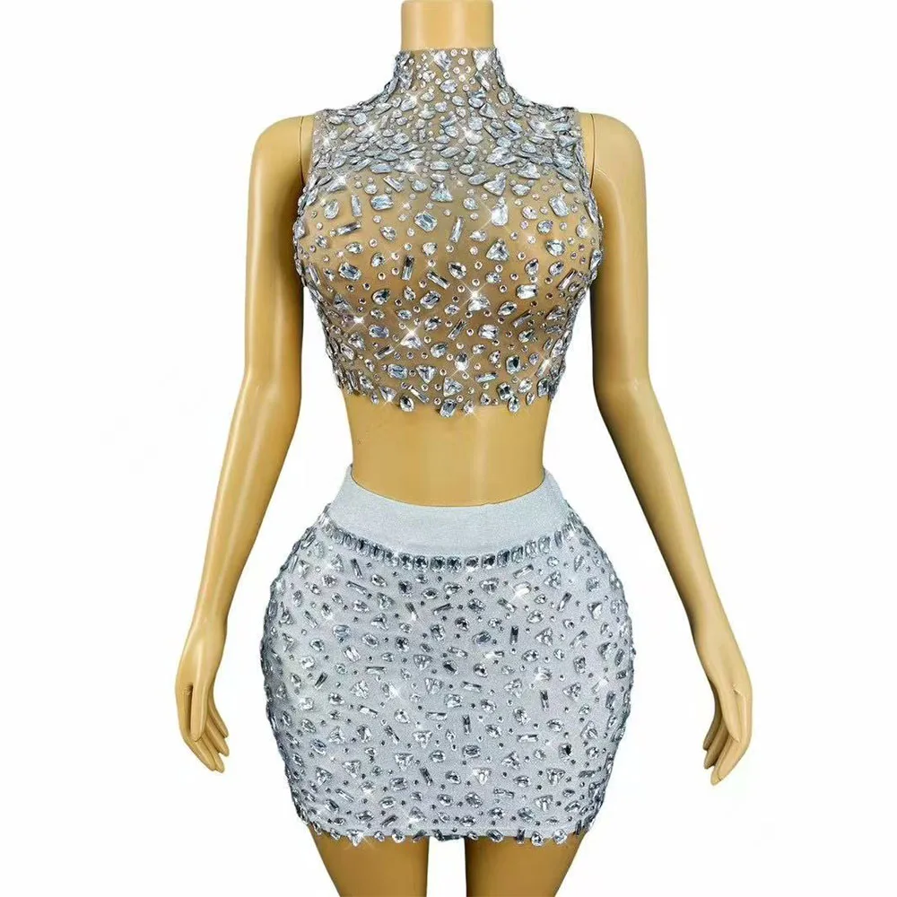 

Women Sexy Stage Split set Sparkly Silver Rhinestones Nude Mesh Dress Birthday Party Celebrate Show Outfit Stage Costume