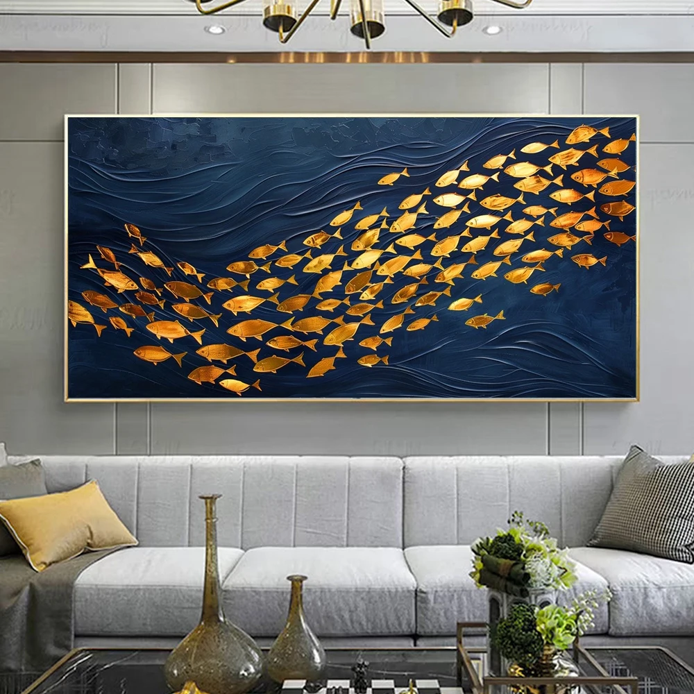 Modern Luxury Art Posters Prints Navy Blue Ocean Gold School Of Fish Canvas Painting Modern Beach House Living Room Home Decor