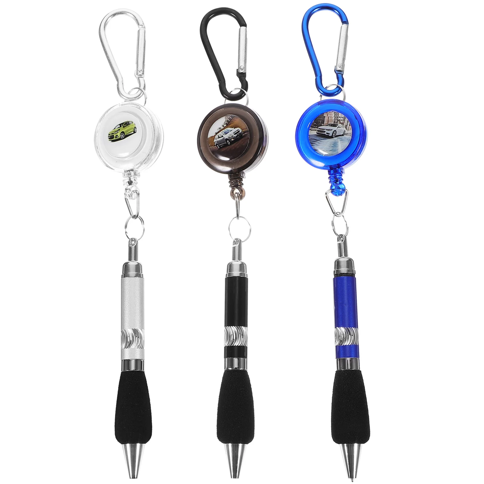 

5Pcs 3-in-1 Retractable Badge Reel Pen Belt Clip Carabiner Mixed Colors Blue Ink Plastic Metal Easy Fasten Pocket