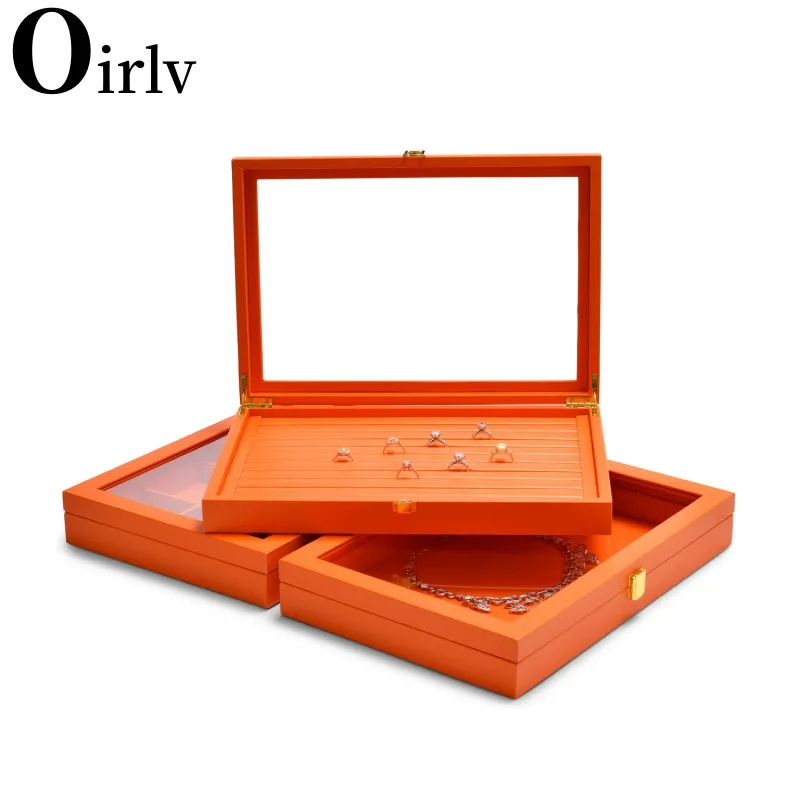 

Oirlv Orange Jewelry Organizer Tray Acrylic Lid Premium Leather Jewelry Box with Transparent Lid Drawer Jewelry Display Case