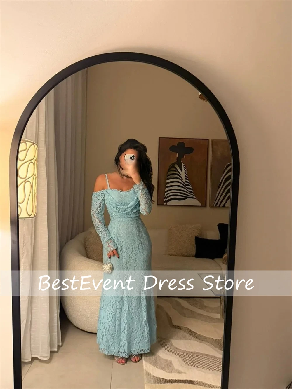 

Customized Spaghetti Straps Lace Pleat Mermaid Floor Length Prom Dresses Bespoke Occasion Long Sleeve Elegant High Quality