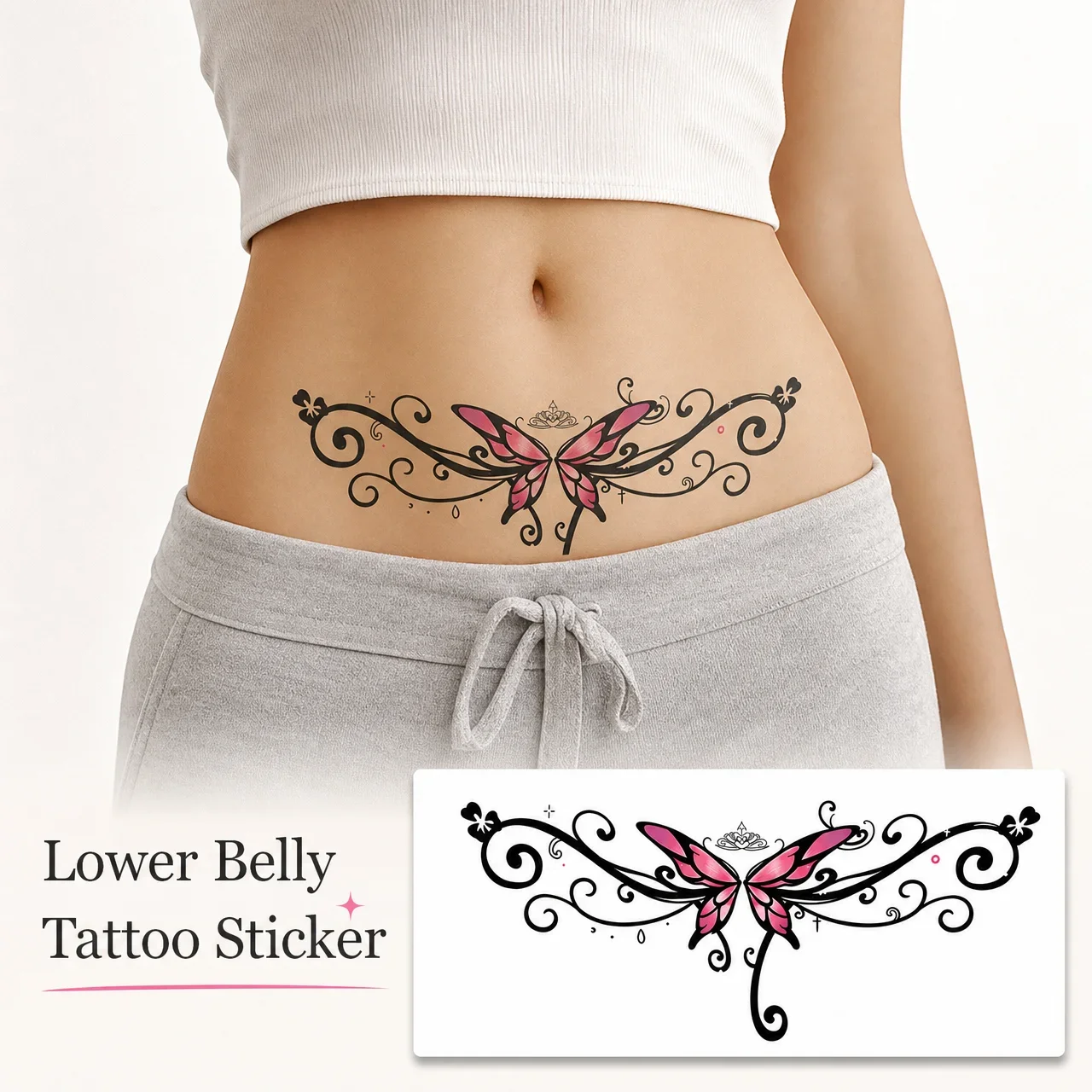 Butterfly Vine Belly Temporary Tattoo Sticker, Waterproof Disposable Body Art Decal