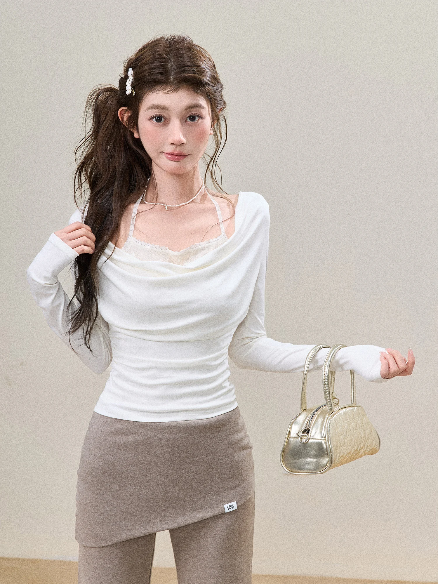 

Женская футболка Sweety с длинным рукавом, кружевной отделкой, воротником-чокером, базовая, для ношения под одеждой, с асимметричным вырезом на плече, в стиле Pure Desire, повседневный топ