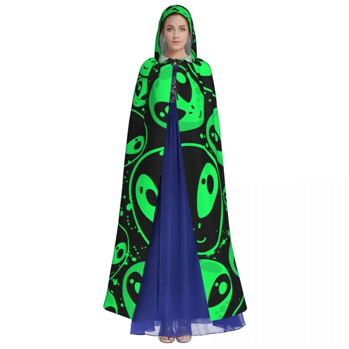 Unisex Adult Green Alien UFO Cloak with Hood Long Witch Costume Cosplay