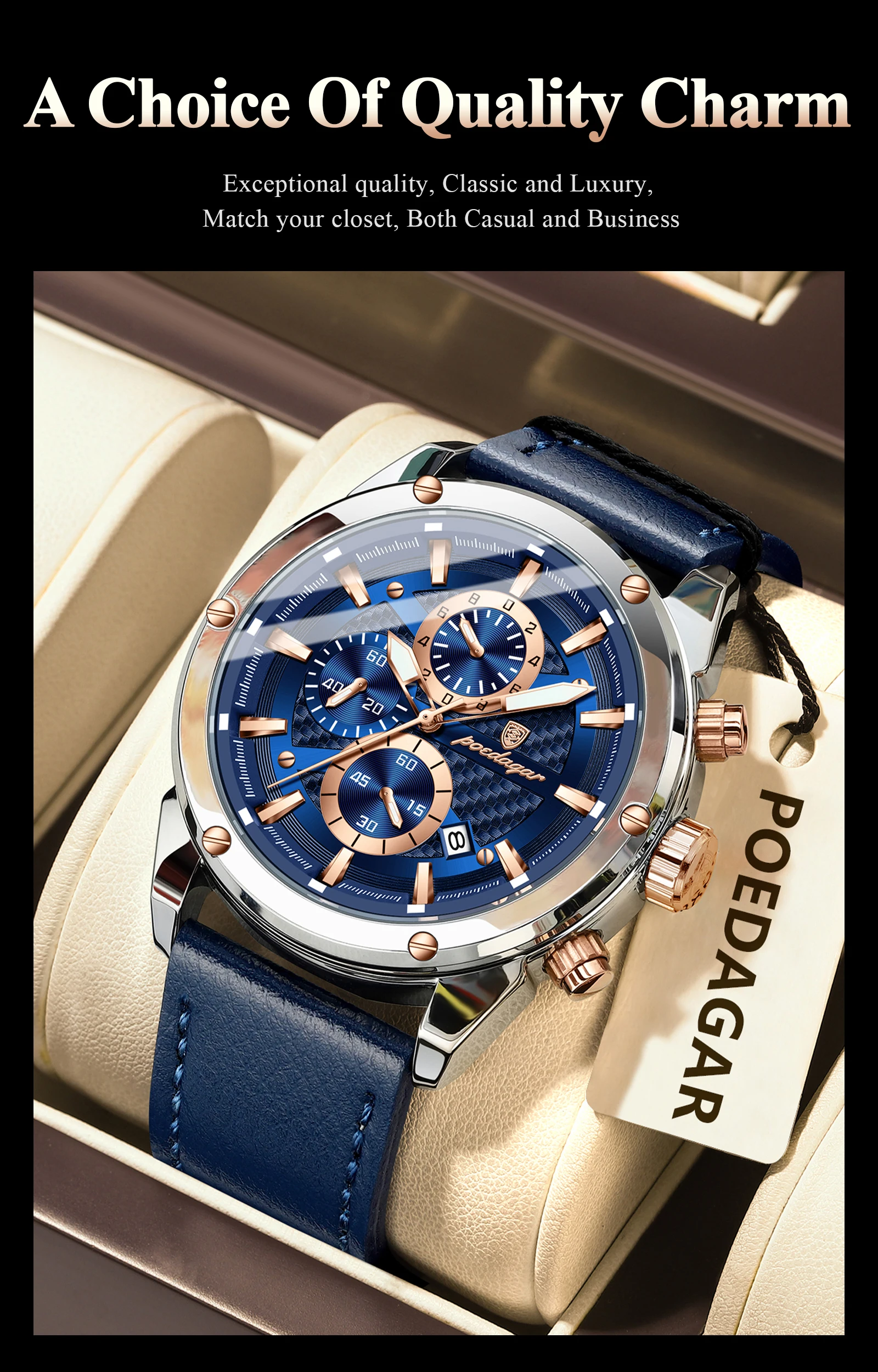 POEDAGAR Business-Mann-Uhr, wasserdicht, leuchtend, Chronograph, Datum, Original-Uhren für Herren, Leder, Luxus-Herren-Quarz-Armbanduhr – Detail 4