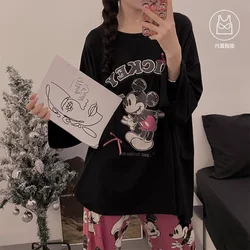 Cartoon Disney Mickey Mouse pajamas with chest pads autumn new crew neck trousers two-piece set women's pajamas loungewear set