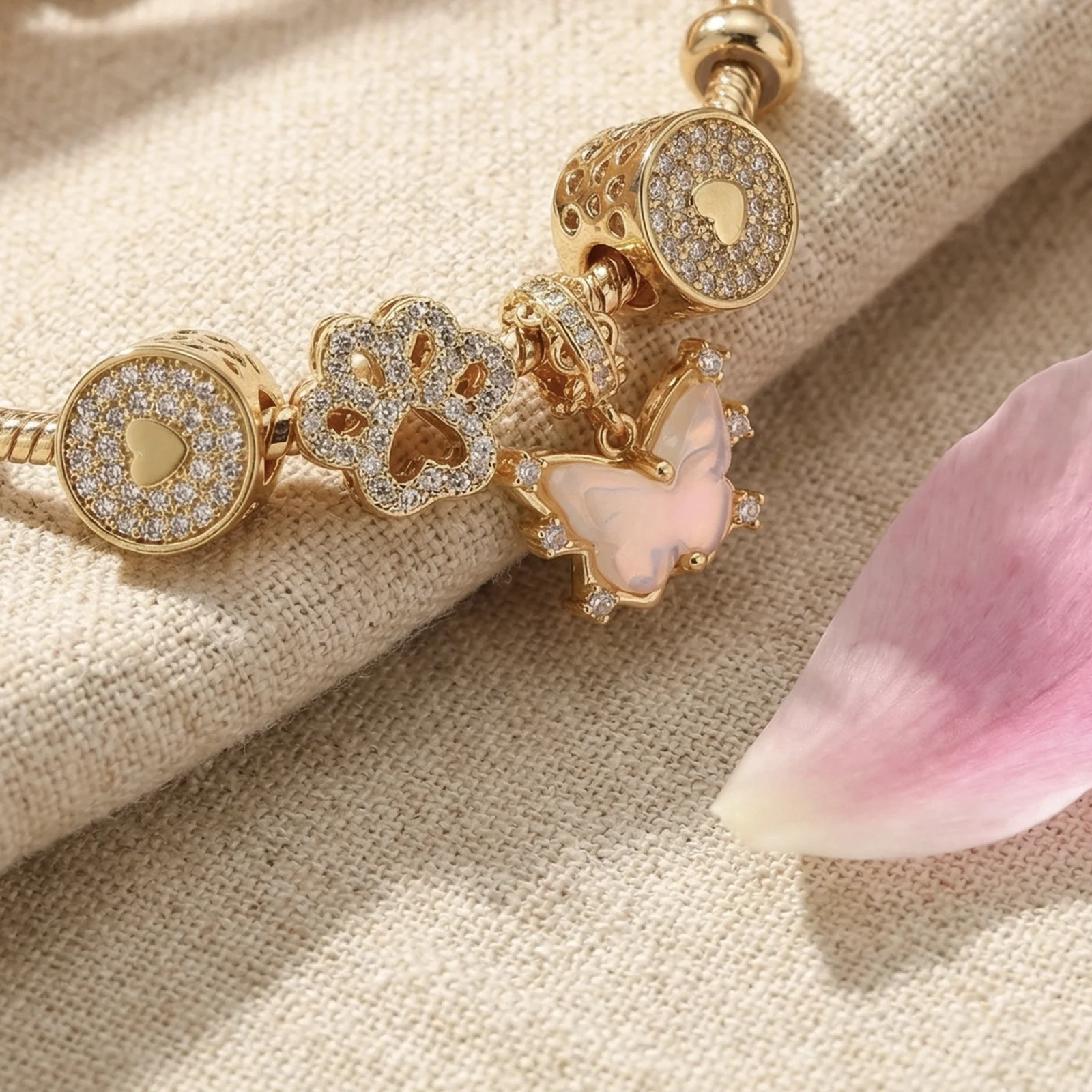 

Golden Adjustable Bracelet with Synthetic Zircon & Pink Butterfly Charms for Women Elegant Jewelry Gift