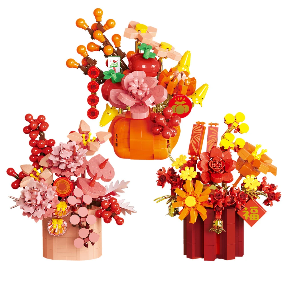 

Creativity Bouquet Flower New Year Flower Basket Potted Home Decoration Assembled Micro Building Blocks Bricks Toys For Kids