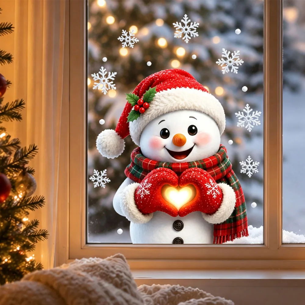 1 Stück Weihnachts-Fensteraufkleber mit Herz- und Schneemann-Motiv, warme Winterdekoration für Glas, geeignet für das Wohnzimmer