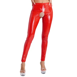 Womens Open Crotch Pants Glossy Patent Leather Leggings Elastic Waistband High Waist Slim Fit Tights Sexy Pole Dancing Clubwear