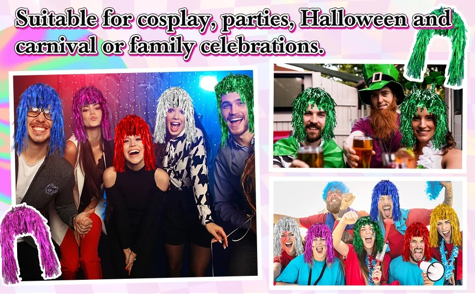 1/6 Stück Bunte Folien-Glitzerperücken Metallische Disco-Haarteile für 80er-Jahre-Cosplay Halloween Karneval Party Foto-Requisiten Kopfbedeckung – Detail 4