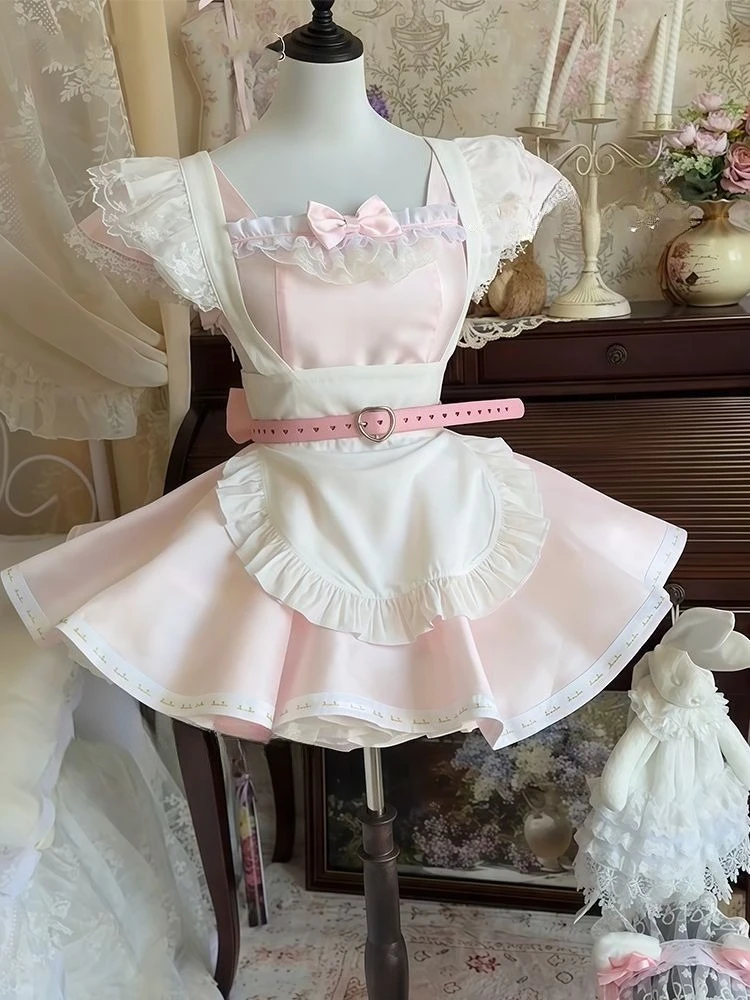 

Japanese Kawaii Sweet Pink Slim New Lolita Dress Angel Designer Cute Fashion Patchwork Bow Lace A-line Girlish Dresses Clothing
