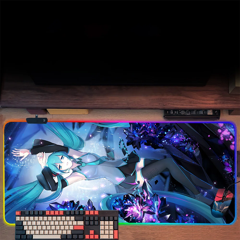 H-Hatsunes M-Miku RGB PC Gamer Teclado Mouse Pad, LED Brilhante Mouse Mats, Borracha Gaming Computer Mausepad