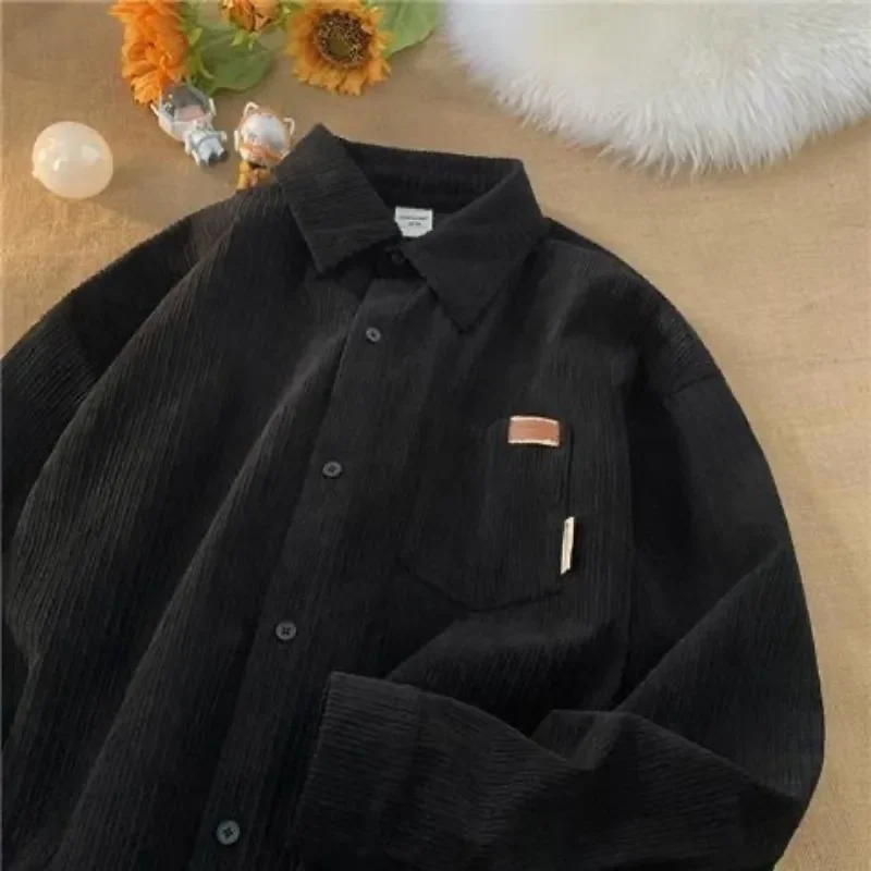 Korean Fashion Long Sleeve Corduroy Sweatshirts Men Clothing Retro Spring and Autumn Casual Turn Down Collar Shirts