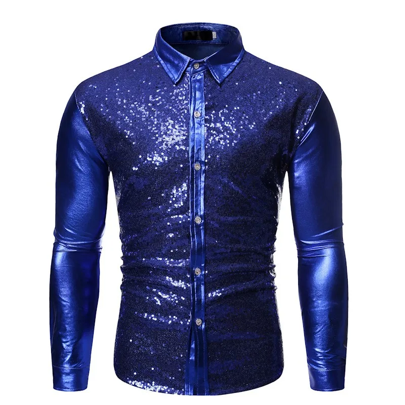 Men\'s Sequins Hot Gold Shirt Solid Color Long Sleeve Standing Collar Button Tops Nightclub Prom Performance Wedding Party Shirt