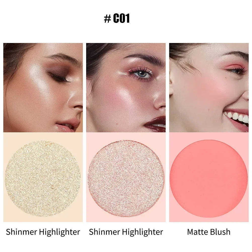 Zestaw różu i rozświetlaczy, 3 w 1 paleta prasowanego pudru do makijażu Shimmer Bronzer, pomarańczowo-różowy matowy róż do policzków Glow Face Palette