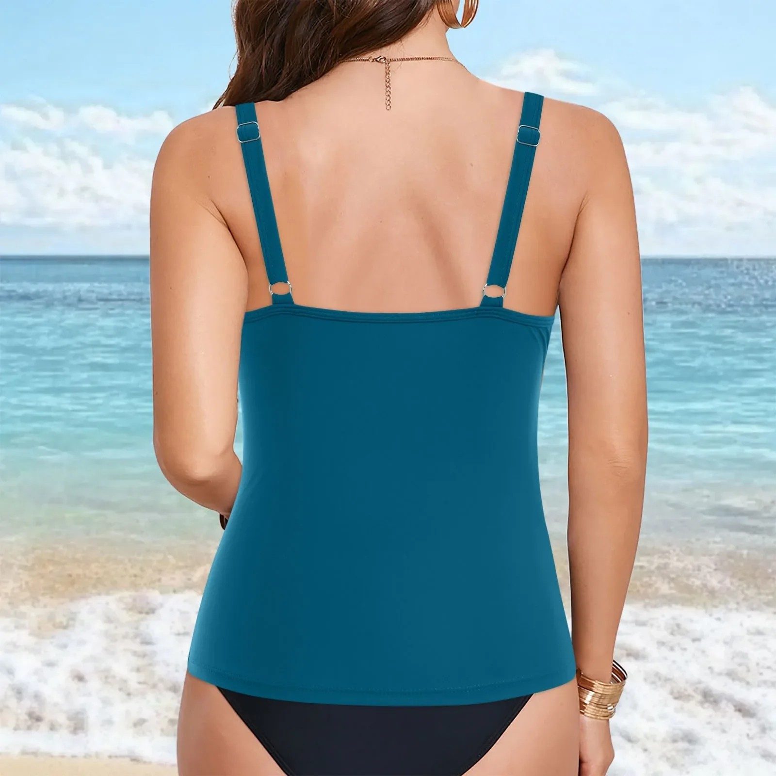 Frauen Tankini Badeanzug Top V-ausschnitt Träger Falten Slim Fit Solide Bademode Neue Europäische Amerikanische Modelle Sommer Urlaub Bikini