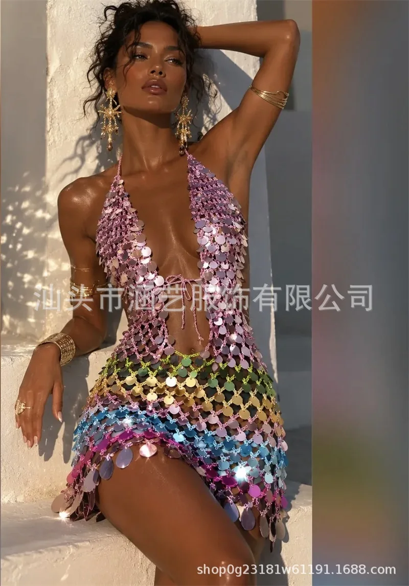 sexy-rainbow-prom-dress-halter-deep-v-hollow-out-sequin-mini-party-gown-slim-fit-backless-club-vacation-birthday-evening-robe